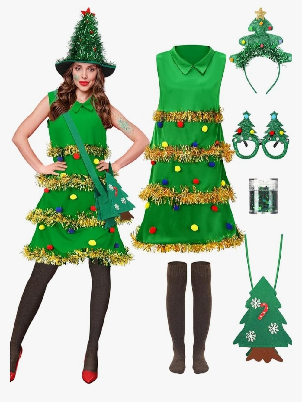 Women's Christmas Tree Costume Dress in Green with Accessories. Size Large. NWT.